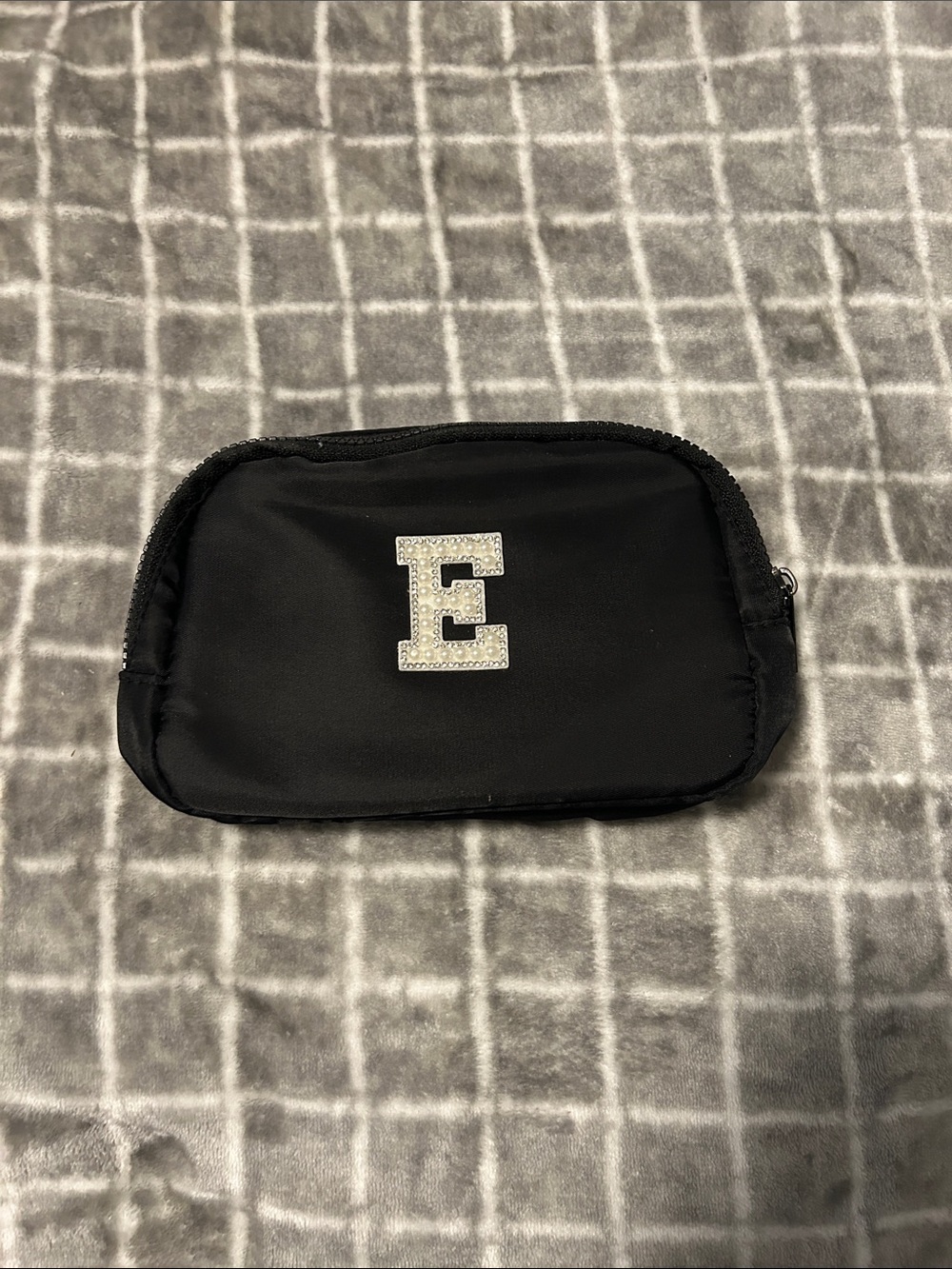 Source Unknown Black Crossbody Pouch with Rhinestone 'E' Accent